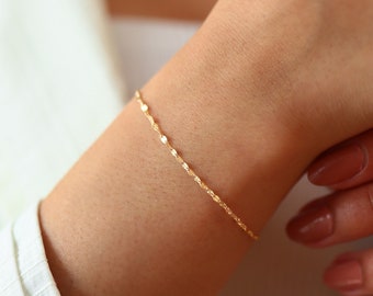 14k Solid Gold Sequin  Faceted Chain Bracelet, Dainty Bracelet, Thin Chain Bracelet,Minimalist Handmade Real Gold  Bracelet, Best Price