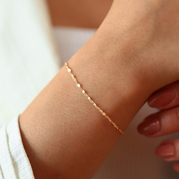 14k Solid Gold Sequin  Faceted Chain Bracelet, Dainty Bracelet, Thin Chain Bracelet,Minimalist Handmade Real Gold  Bracelet, Best Price