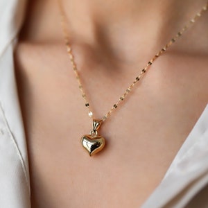 14k Gold 3D Herz Halskette, mittelgroßer geschwollener Herz Anhänger mit Pailletten Kette, echter Goldschmuck, Geschenk für sie, Preis Leistung Goldkette