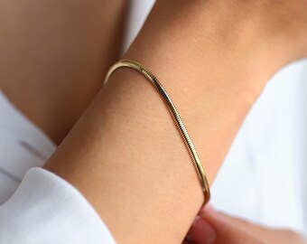 Snake Chain 14k Solid Gold Bracelet,2.5mm Width Polished Herringbone Chain Bracelet,Handmade Snake Bracelet, Real Gold Bracelet,Gift for Her