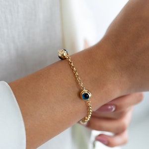 14k Solid Gold Evil Eye Bracelet, Gold Rolo Chain Bracelet with 3 Evil Eye Charm, Great Gift for Her, Everyday Use, Perfect Gift, Protective
