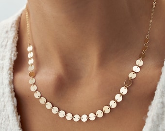 Collar de cadena de discos de oro real de 14k, collar de cadena de espejos, gargantilla de monedas de oro, collar de capas, cadena de discos de 6 mm, joyas de oro real