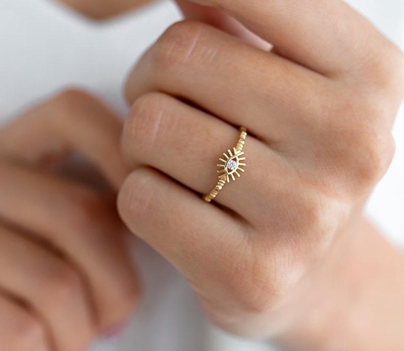 Dainty Ring Gift for Her Protective Style Minimalist Ring Eye 14k Solid Gold Diamond Ring