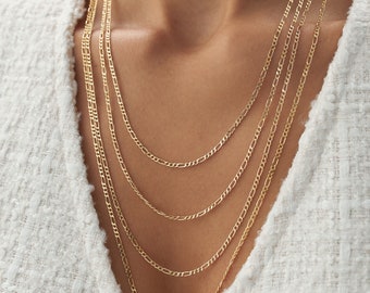 Collar de cadena Figaro de oro auténtico de 14 k, delicado collar Figaro Mariner de 2,1 mm, cadena fina, minimalista, hecho a mano.