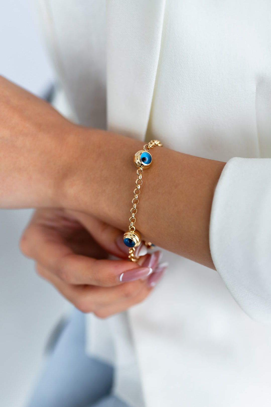 14k Solid Gold Evil Eye Bracelet, Gold Rolo Chain Bracelet With 3 Evil — free download