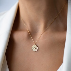 14k massief gouden noorderster ketting, poolster ketting, één ketting twee verschillende stijlen, kompas aan beide zijden draagbaar, sierlijke ketting
