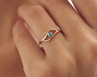Anillo de oro real de ojo turquesa de 14k, anillo en forma de ojo, anillo minimalista delicado, anillo de estilo protector, regalo para ella, joyería de oro real