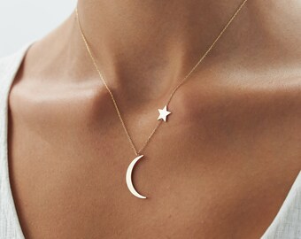 14K 純金 三日月と星 横向きネックレス、三日月 星 非対称ネックレス