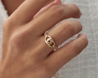 Anillo cubano de oro real de 14k de doble nudo, anillo de declaración, anillo de nudo de amor, anillo de cadena, anillo de estilo cubano, anillo de mujer gruesa,