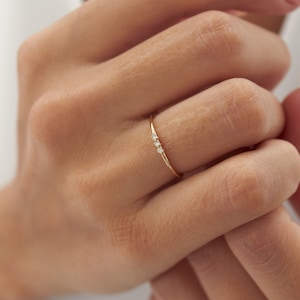 Minimalist Ring 14k Solid Gold Diamond Ring / 1.3MM Triple Stone Natural Diamond Ring / Thin Gold Stacking Rings / Promise Matching Ring