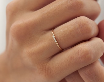Minimalist Ring 14k Solid Gold Diamond Ring / 1.3MM Triple Stone Natural Diamond Ring / Thin Gold Stacking Rings / Promise Matching Ring