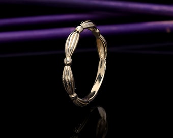 Anillo único de banda de cuentas de oro real de 14k, banda de boda de apilamiento minimalista para mujeres, joyería de oro de todos los días, regalo perfecto, joyería fina, FİEMMA