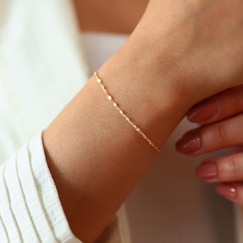 14k Solid Gold Sequin  Faceted Chain Bracelet, Dainty Bracelet, Thin Chain Bracelet,Minimalist Handmade Real Gold  Bracelet, Best Price