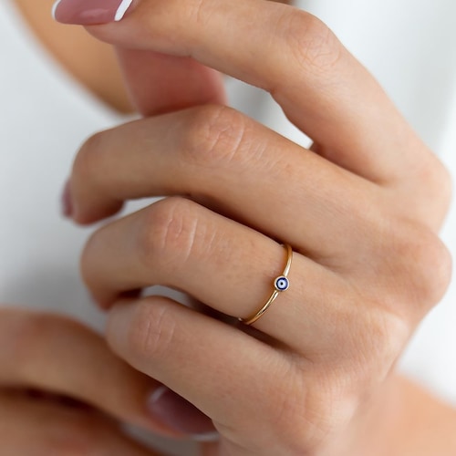 Evil Eye 14k Solid Gold Ring, Dainty Ring, Minimalist Design, Stackable Ring