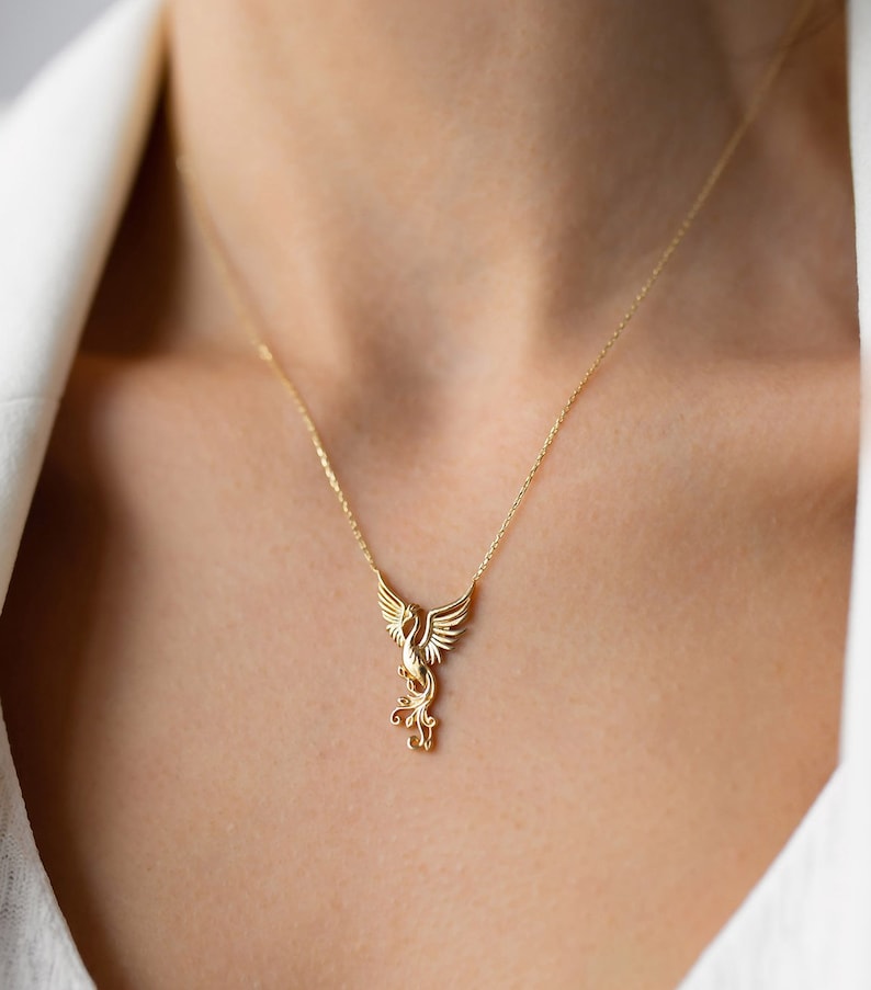 Phoenix 14k Solid Gold Necklace Firebird Necklace Simurgh Etsy