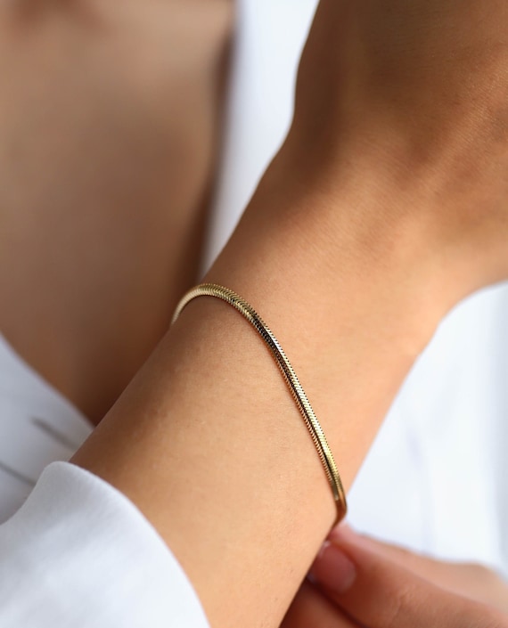 Snake Chain 14k Solid Gold Bracelet,2.5mm Width Polished Herringbone Chain  Bracelet,handmade Snake Bracelet, Real Gold Bracelet,gift for Her 