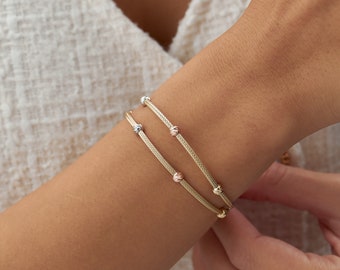Pulsera de oro real de 14k con cuentas de oro italiano multicolor, pulsera de cadena de doble hebra, pulsera de cuentas facetadas, pulsera de oro de todos los días