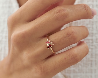 Anillo de oro macizo de mariquita de 14k, anillo de mariquita delicada, anillo de buena suerte, anillo minimalista con esmalte rojo, anillo de animales, joyas de oro real