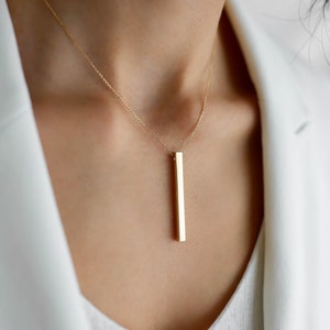 Handmade 3D Bar 14k Real Gold Necklace, Vertical 4 cm  Personalized Bar Necklace, Four Sided Name Entgraved Necklace, Gold Bar Necklace