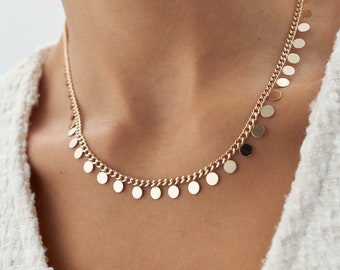 Collar con discos colgantes de oro auténtico de 14 k, collar con discos grabables, collar llamativo, cadena cubana con discos, joyería de oro auténtico