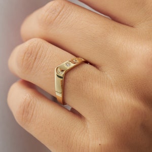 Moon and Stars V Shaped 14k Solid Gold Diamond Ring, Celestial Ring, Curved Band Ring, Real Gold Jewellery, Matching Wedding Band