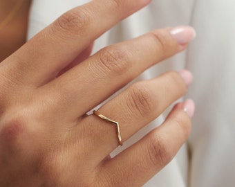 Dainty Stackable V Shaped 14k 18k Solid Gold Ring, Chevron Contoured Wave Ring, Curved Band Ring, Real Gold Jewellery, Matching Wedding Band