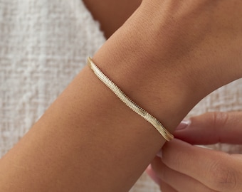 Pulsera de oro macizo de 14k con cadena de serpiente, pulsera de cadena de espiga pulida de 3,3 mm de ancho, pulsera de serpiente hecha a mano audaz, pulsera de oro real