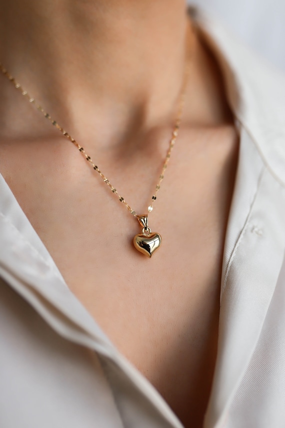 14k Gold 3D Heart Necklace,Mid Size Puffy Heart Pendant with Sequin Chain,  Real Gold Jewellery,Gift for Her, Price Performance Gold Necklace