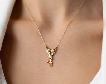 Phoenix 14k Solid Gold Necklace, Firebird Necklace, Simurgh Necklace, Fine Jewellery by Fiemma, Real Gold Jewellery, Gift for Her