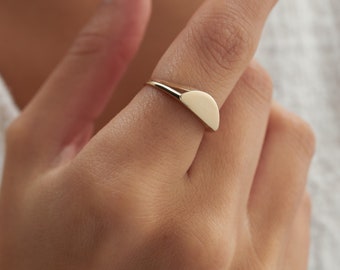 Anillo de sello de oro real de media luna de 14k, anillo personalizado de diseño geométrico, anillo grabado, anillo de apilamiento, anillo de declaración, joyería de oro real