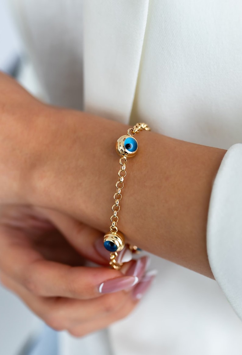14k Solid Gold Evil Eye Bracelet Gold Rolo Chain Bracelet Etsy