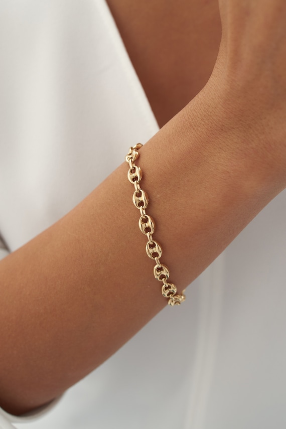 Puffed Anchor Mariner 14k Real Gold Link Bracelet, 7 Mm Anchor