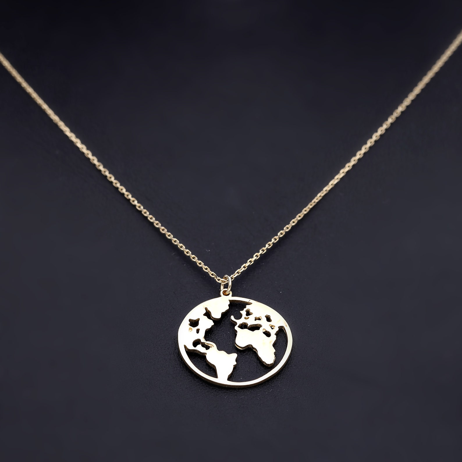 Earth 14k Solid Gold Necklace World Necklace World Map Etsy