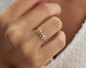 Anillo de hoja de oro auténtico de 14 quilates, corona de laurel, anillo de hoja de olivo, joyería hecha a mano, regalo para ella, joyería de oro para el día a día.