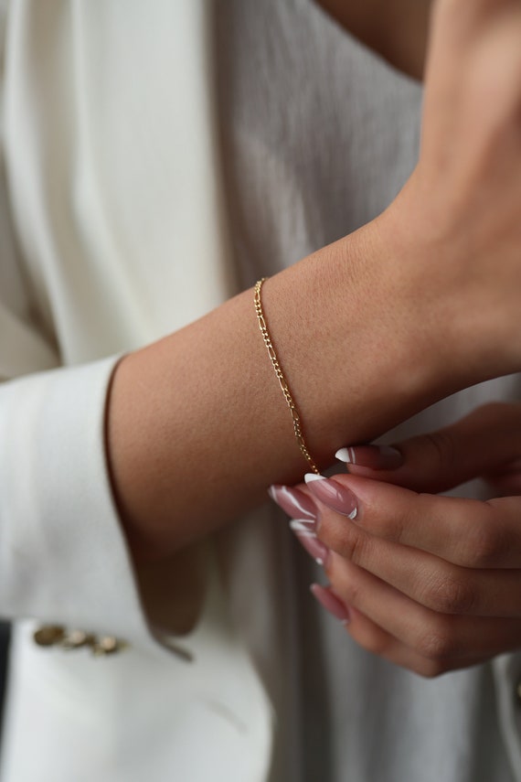 Solid Gold Figaro Chain / 2 mm 14K Gold Figaro Chain Bracelet / Chain Bracelet / Arm Stacking