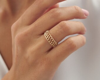 Anillo de cadena de oro macizo de 14k de doble acera, anillo de cadena blindado, anillo de declaración, joyería de oro real, anillo de cadena audaz, anillo de 6,7 mm de ancho