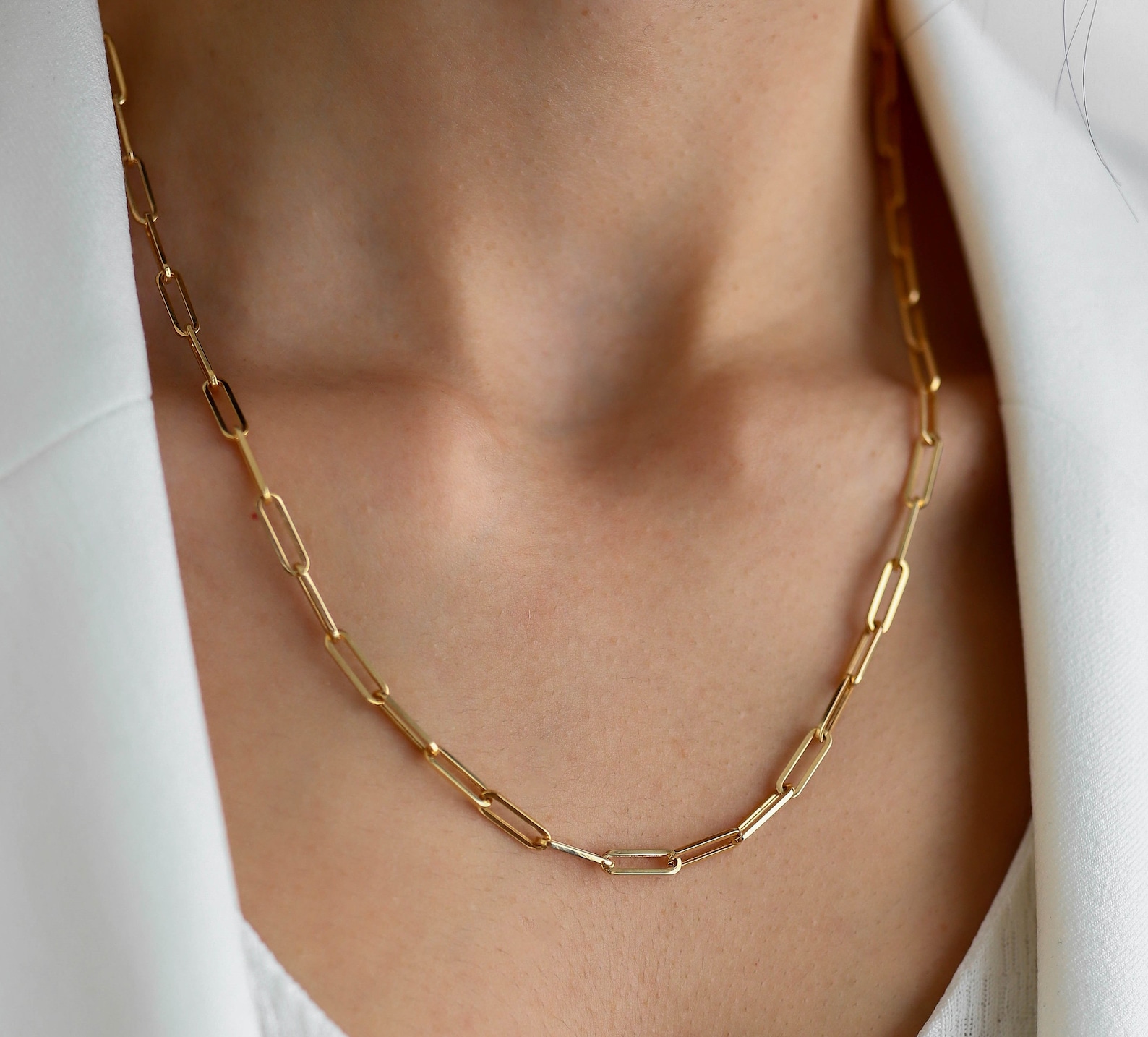 Paperclip Chain 14k Solid Gold Necklace Rectangle Long Link Etsy