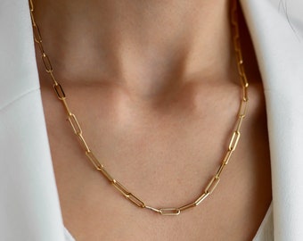 Paperclip Chain 14k Solid Gold Necklace, Rectangle Long Link Necklace, 4 mm Width, Oval Link Chain Necklace