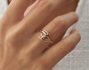 Anillo de oro macizo de 14 k con forma de ojo de diamante, anillo con forma de tercer ojo, anillo con forma de rama de hoja y diamante, anillo de compromiso exclusivo, anillo de diamantes familiar, joyería de oro auténtico