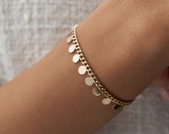 Pulsera y tobillera con discos colgantes de oro auténtico de 14 quilates, pulsera llamativa, pulsera de cadena cubana, tobillera con discos, joyería de oro auténtico