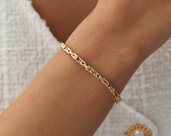 Pulsera de cadena bizantina de Bali de oro real de 14k, pulsera de cadena rey, pulsera de oro bizantino de 3,5 mm, 5 6 gr, pulsera de eslabón de cadena gruesa