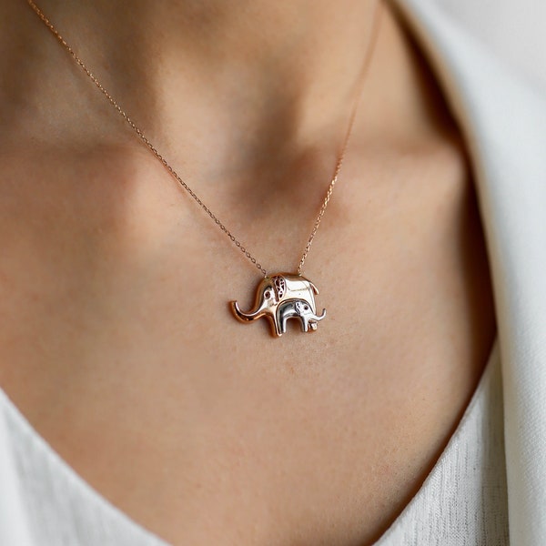 Two Elephants Mother and Child Elephant 14k Solid Gold Necklace Rose Gold White Gold