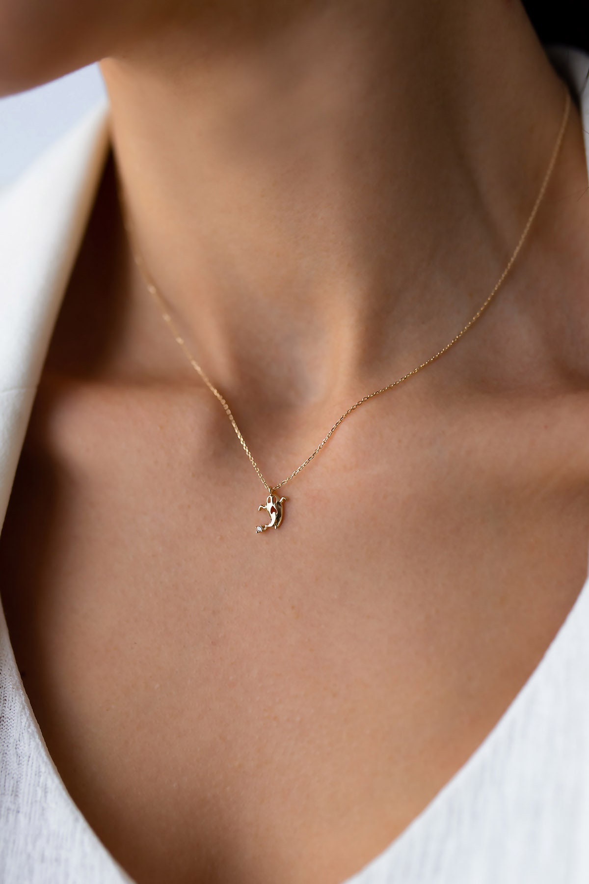 Ghost 14k Solid Gold Necklace Dainty Necklace Minimalist Design Cute Necklace Real Gold Necklace Etsy