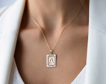 İnitial 14k Solid Gold Pendant and Necklace,Thin Paper Pendant, Personalization Gift, Rectangle İnitial Pendant, Letter Solid Gold Pendant,