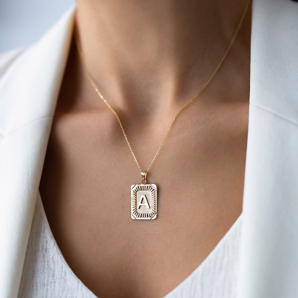 Initialhänge och halsband i 14k massivt guld, hänge i tunt papper, personaliseringspresent, rektangulärt initialhänge, bokstavshänge i massivt guld,