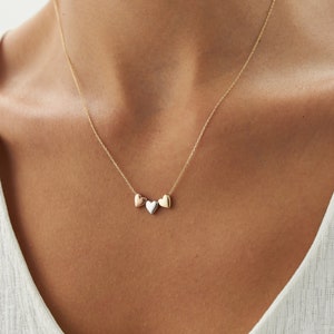 Triple Heart 14k Solid Gold Necklace, Dainty Necklace, Multicolored Necklace, Three Heart Necklace, Real Gold Jewellery