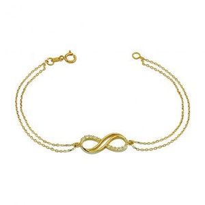 Könnte beinhalten: Ein goldfarbenes Armband mit einem Unendlichkeitszeichen und kleinen, klaren Steinen. Das Armband hat ein Doppelketten-Design.