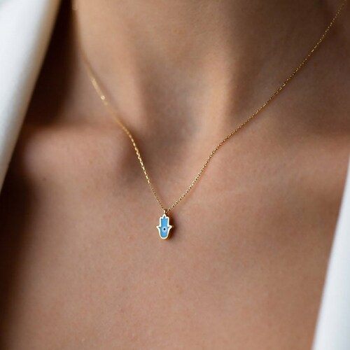 Hamsa Evil Eye 14k Solid Gold Necklace 