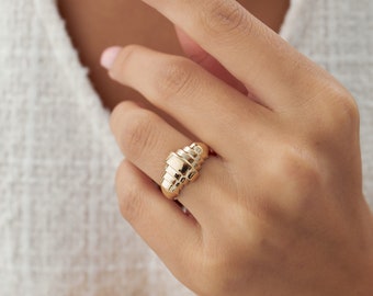 Anillo de declaración de oro real de 14k de diseño geométrico, anillo de estilo moderno, anillo de barras verticales, joyería de oro real, joyería de oro fino