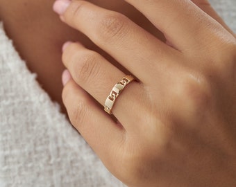 Anillo de oro macizo de 14 k con cadena de eslabones, delicado anillo de 4,5 mm, minimalista, para uso diario, regalo para ella.